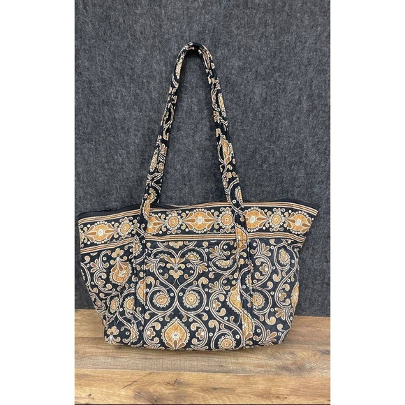 Vera Bradley Handbags - Vera Bradley XL Tote Bag Quilted Cotton Black Gold Medallion Paisley Zippered